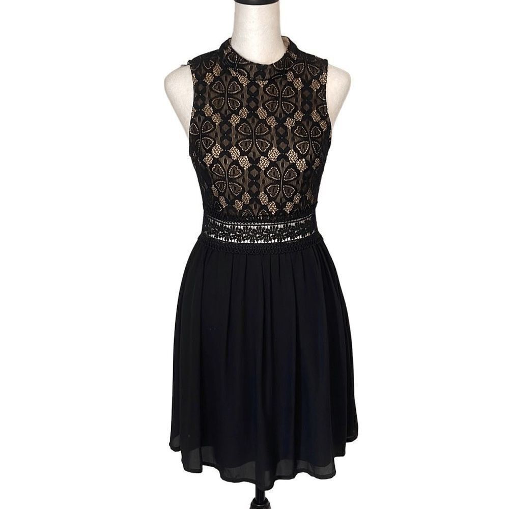 Francesca's Womens Lace Overlay Dress Fit Flare Pleated Mini Black Size XS